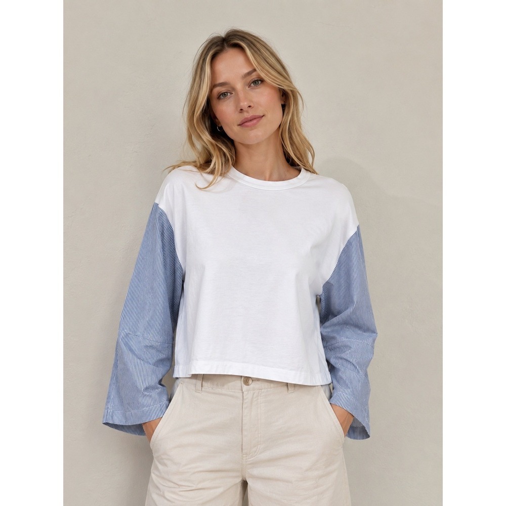 Club Monaco Mixed Media Pinstripe Sleeve Top White Blue Cotton XL